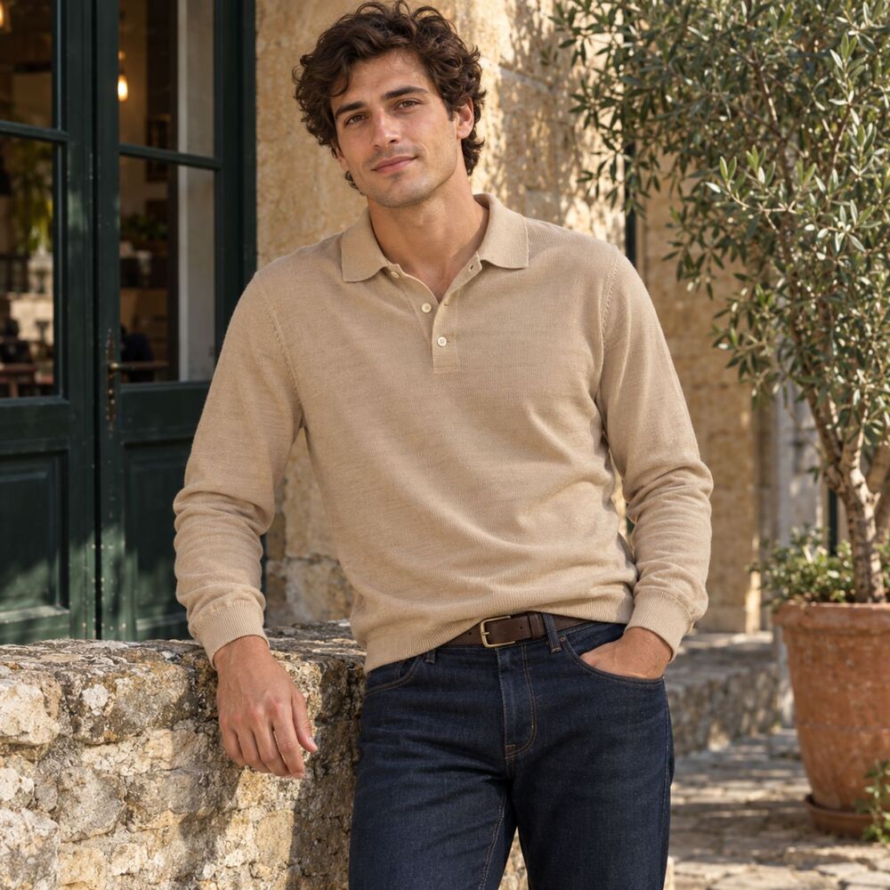 Brooks Brothers Silk Cotton Knit Long Sleeve Polo Sweater Men’s M Beige
